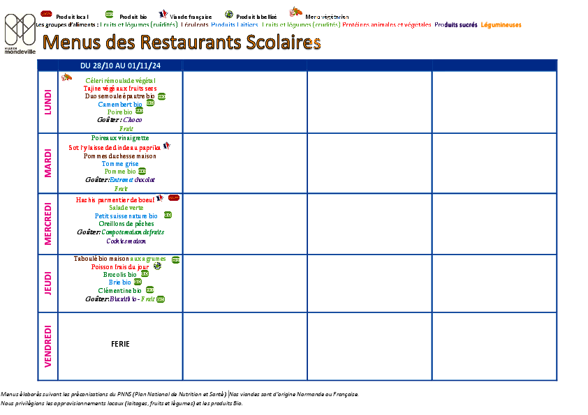 Menus restaurants scolaires du 28 octobre au 1 novembre 2024