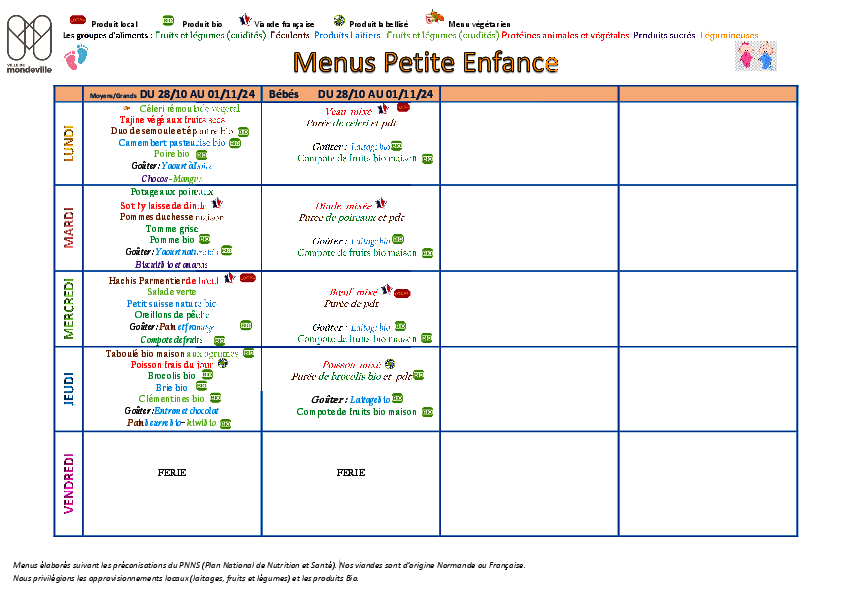 Menus crèche du 28 octobre au 1 novembre 2024