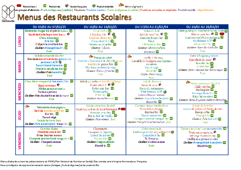 Menus du 3 au 28 février 2025